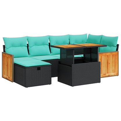 vidaXL 7-tlg. Garten-Sofagarnitur mit Kissen Braun Poly Rattan Akazie