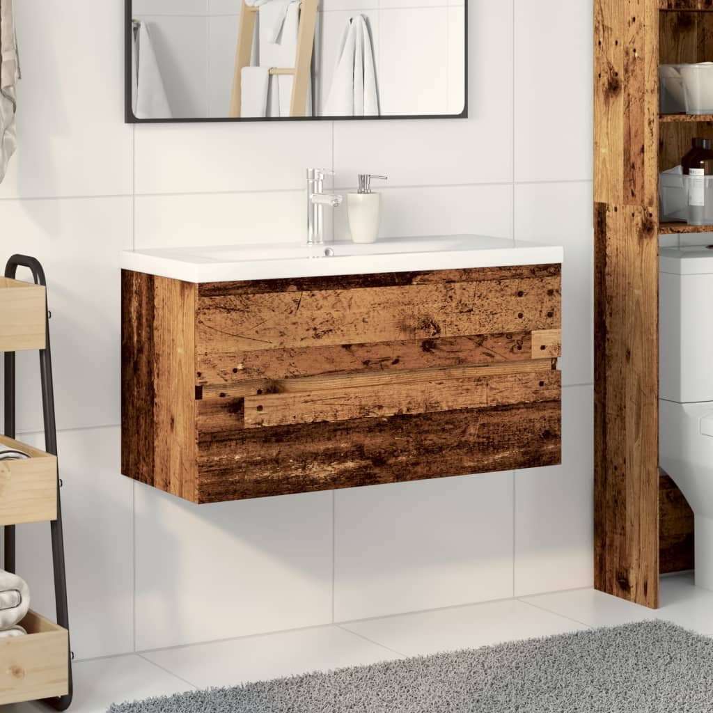 Meuble sous-lavabo vidaXL avec lavabo intégré aspect bois de récupération
