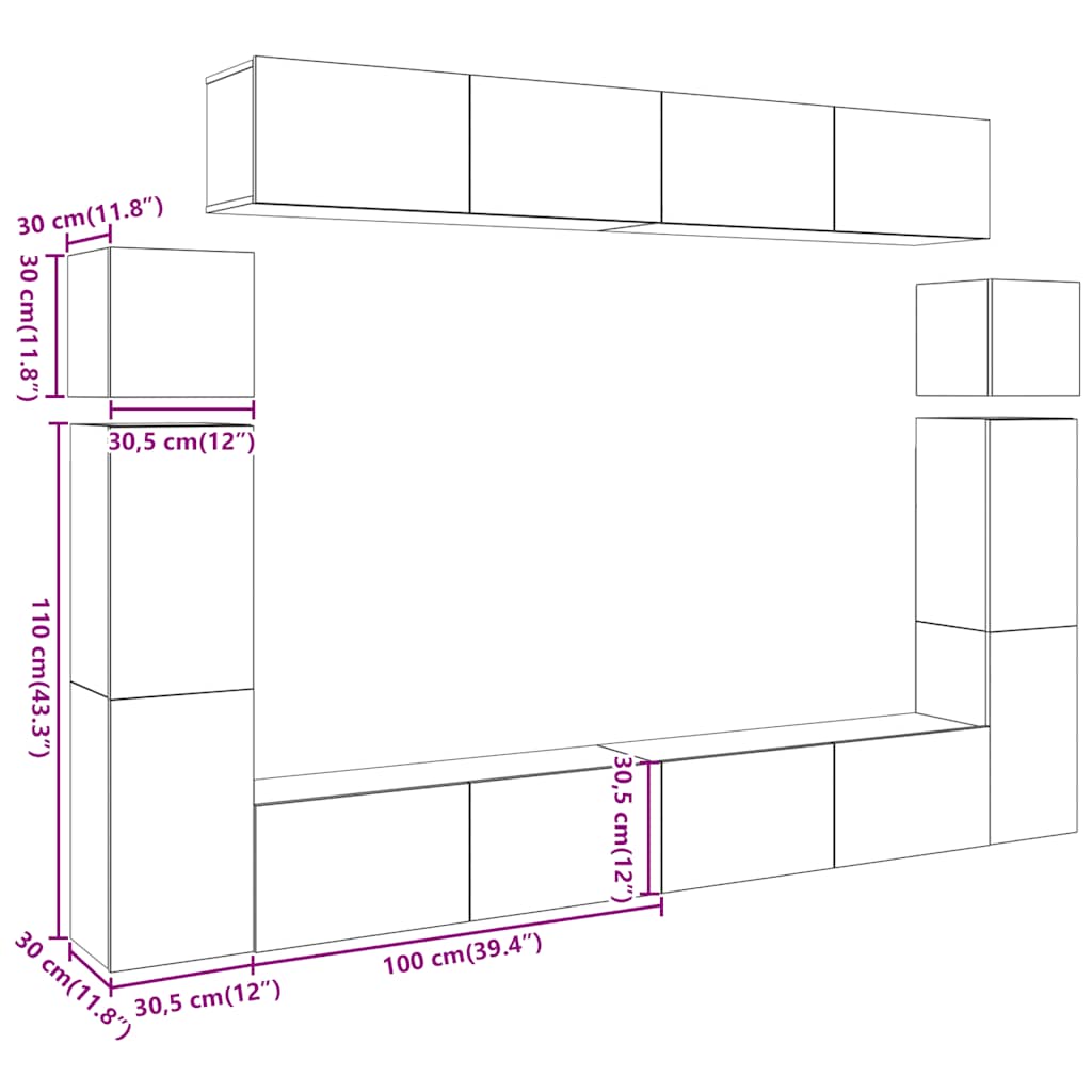 vidaXL 8-tlg. TV-Schrank-Set Wandmontage Artisan-Eiche Holzwerkstoff