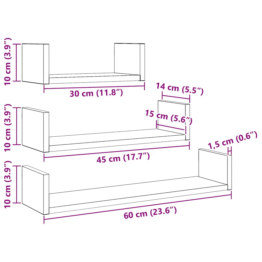 vidaXL Étagères murales 3 pcs Noir aspect chêne Bois d'ingénierie