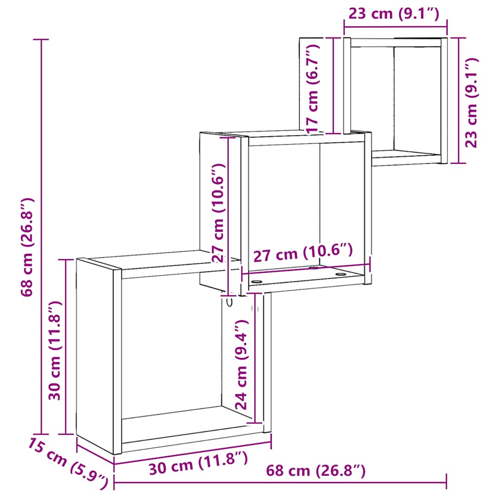 Würfelregale Schwarz Eichen-Optik 68x15x68 cm Holzwerkstoff