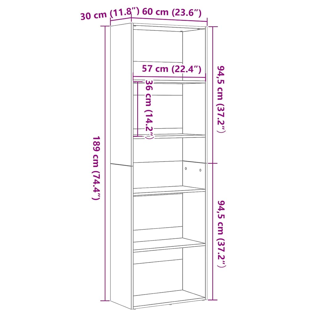 vidaXL Bücherregal Schwarz Eichen-Optik 60x30x189 cm Holzwerkstoff