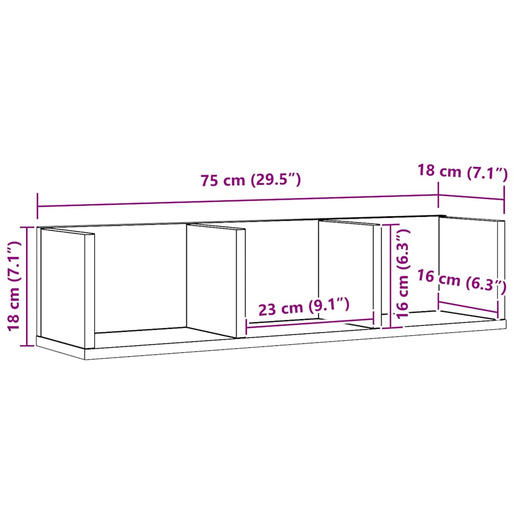 vidaXL Wandregal Schwarz Eichen-Optik 75 x 18 x 18 cm Holzwerkstoff