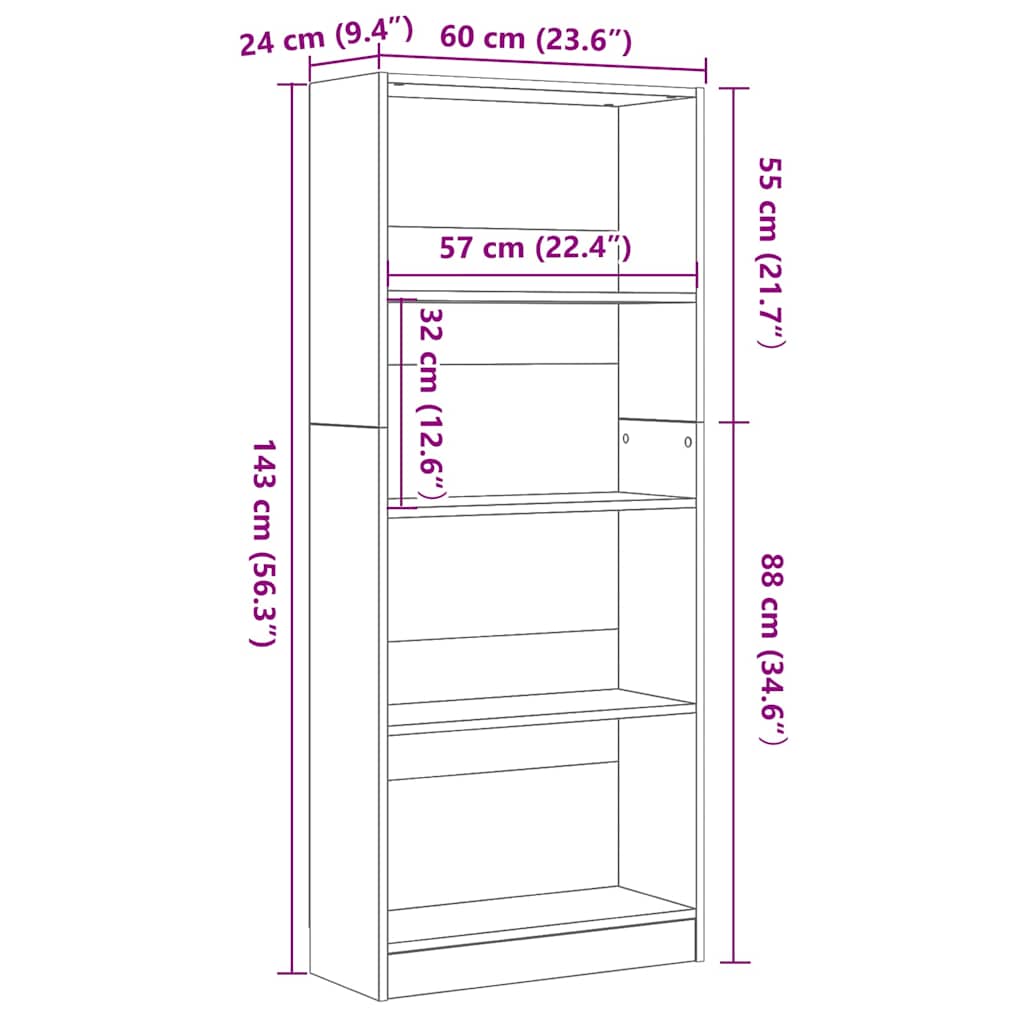 Bücherregal Schwarz Eichen-Optik 60 x 24 x 143 cm Holzwerkstoff