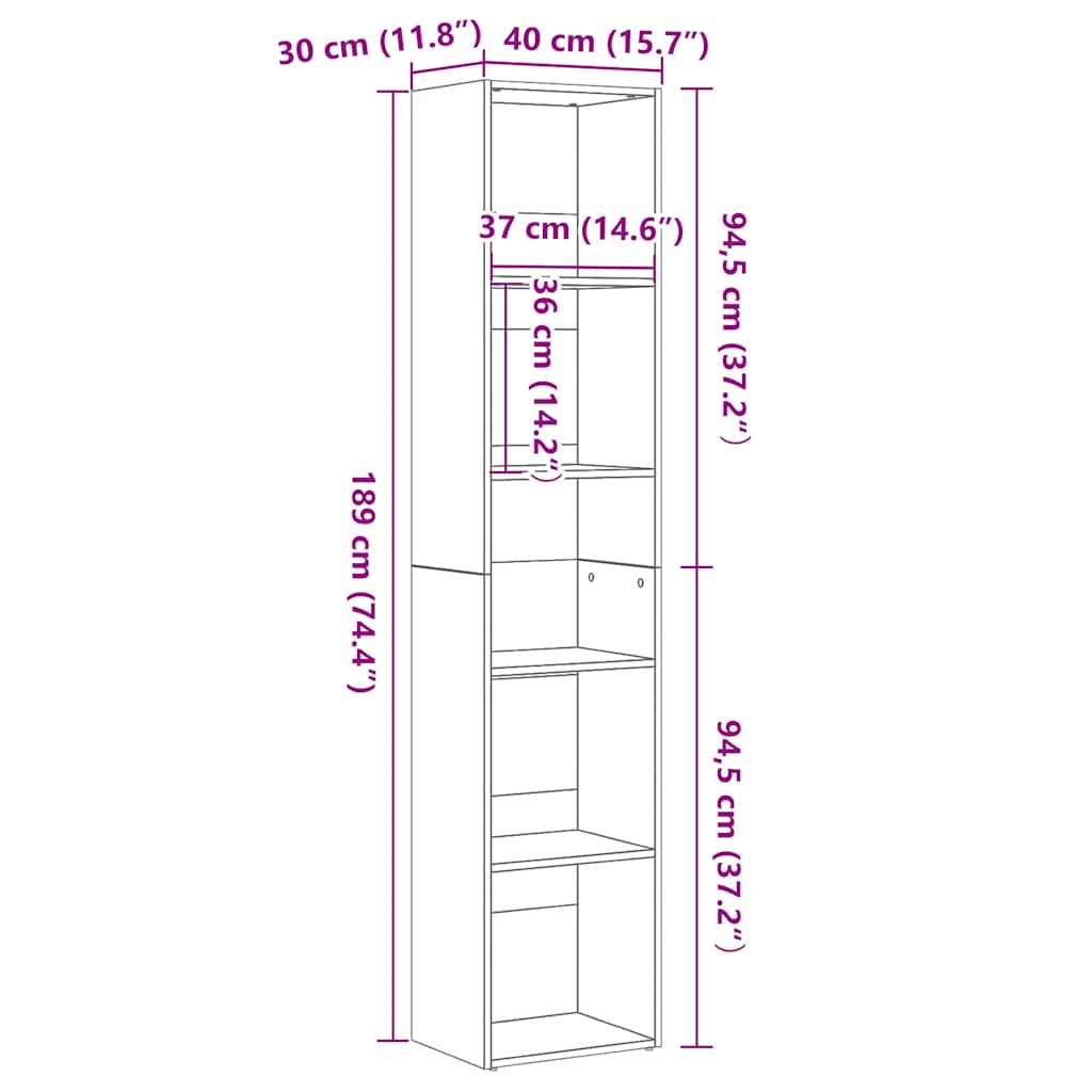 vidaXL Bücherregal Eiche Schwarz 40 x 30 x 189 cm Holzwerkstoff