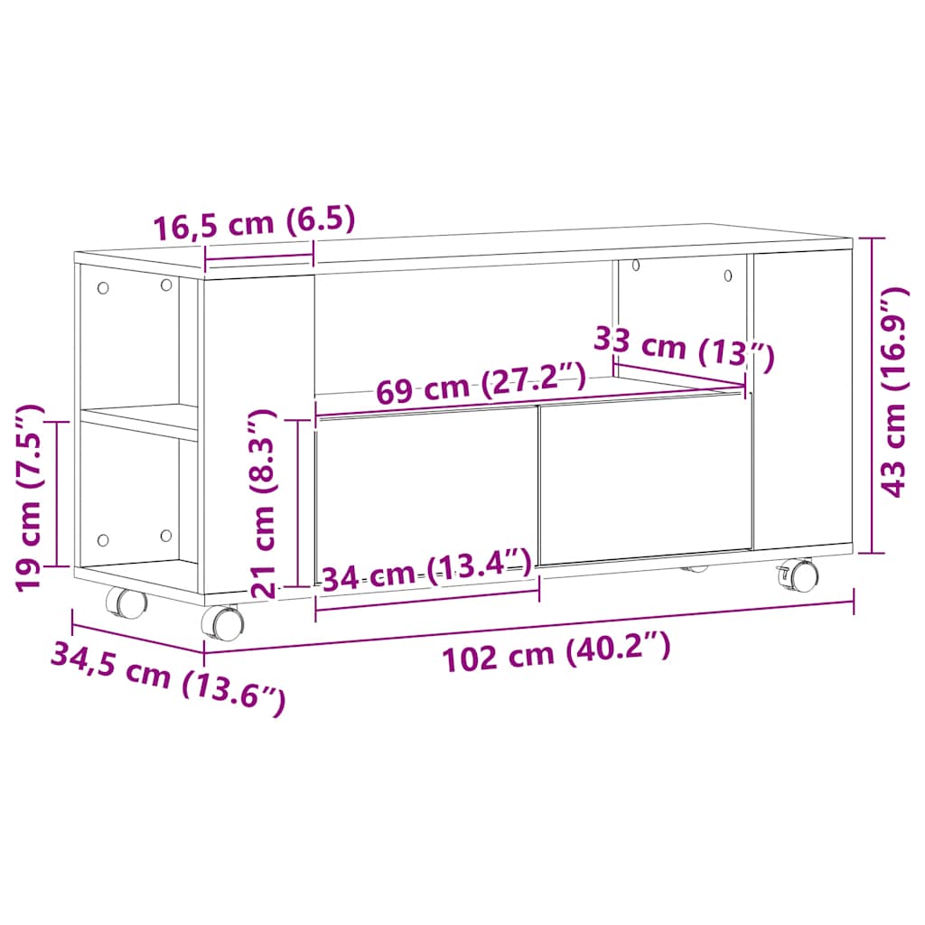 Meuble TV vidaXL sur roulettes noir aspect chêne 102x34,5x43cm