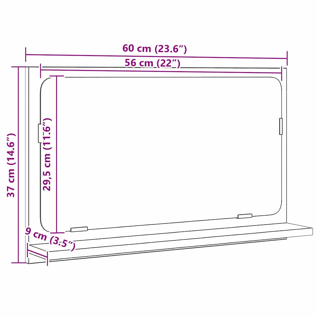 Spiegelablage mit Regal Schwarz Eichen-Optik 60 x 10,5 x 37 cm