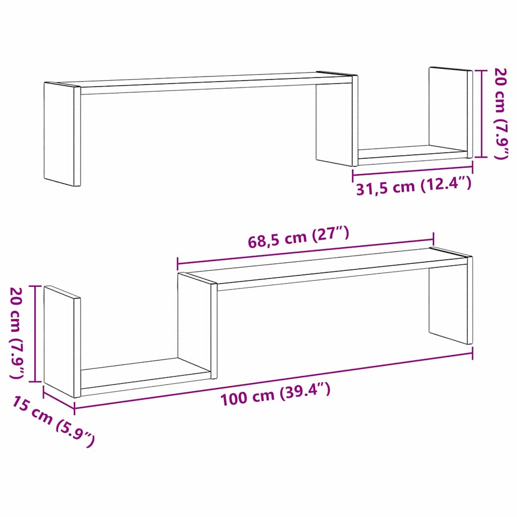 vidaXL Wandregal mit Regal 2 pcs Schwarz Eichen-Optik 100 x 15 x 20 cm