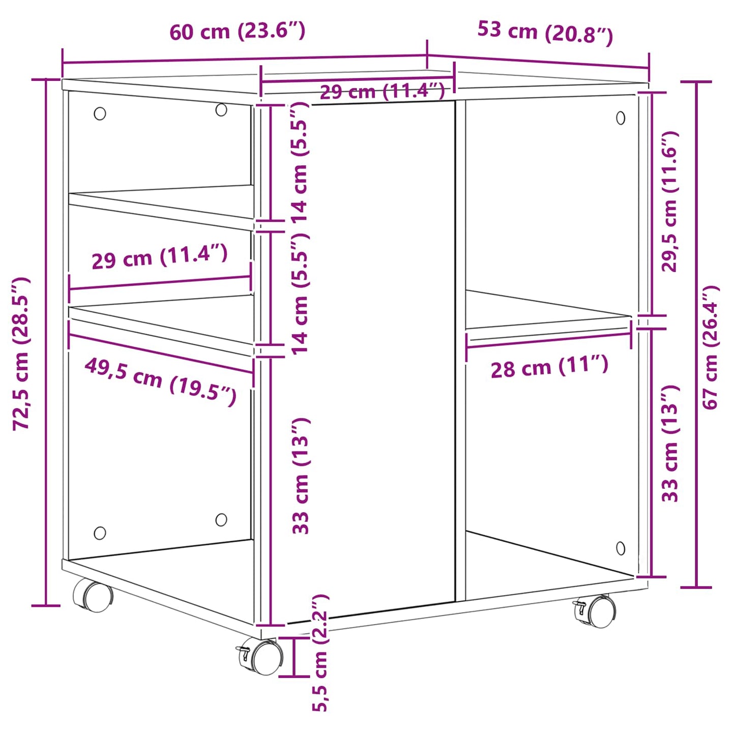 vidaXL Aufbewahrungsschrank Schwarz Eichen-Optik 60 x 53 x 72,5 cm