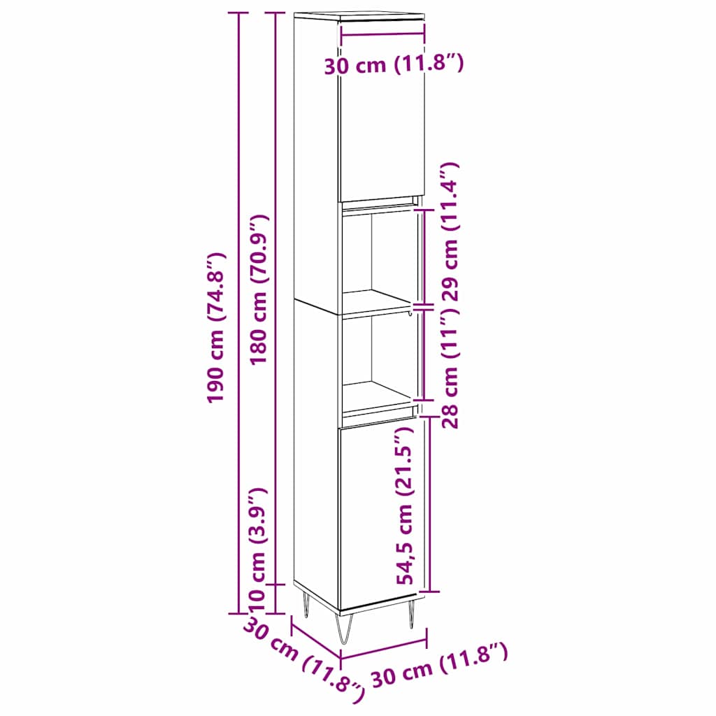 vidaXL Badezimmerschrank mit Tür Schwarz Eichen-Optik 30 x 30 x 190 cm