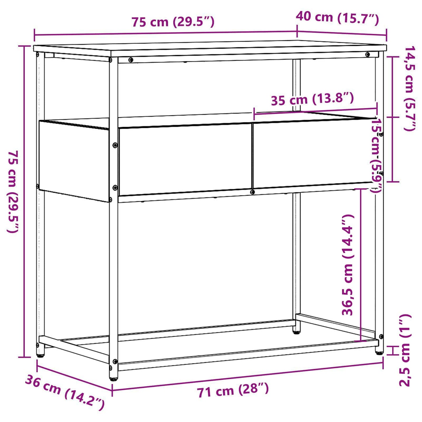 vidaXL Konsolentisch Schwarz Eichen-Optik 75 x 40 x 75 cm