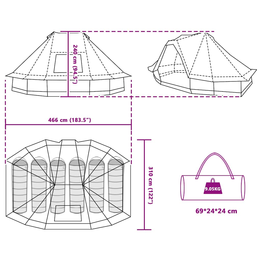 vidaXL Familien-Tipi-Zelt Tipi mit Dach Blau 466 x 310 x 240 cm