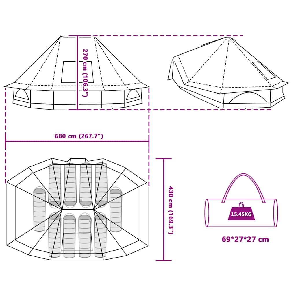 vidaXL Familien-Tipi-Zelt Tipi mit Dach Grün 680 x 430 x 270 cm