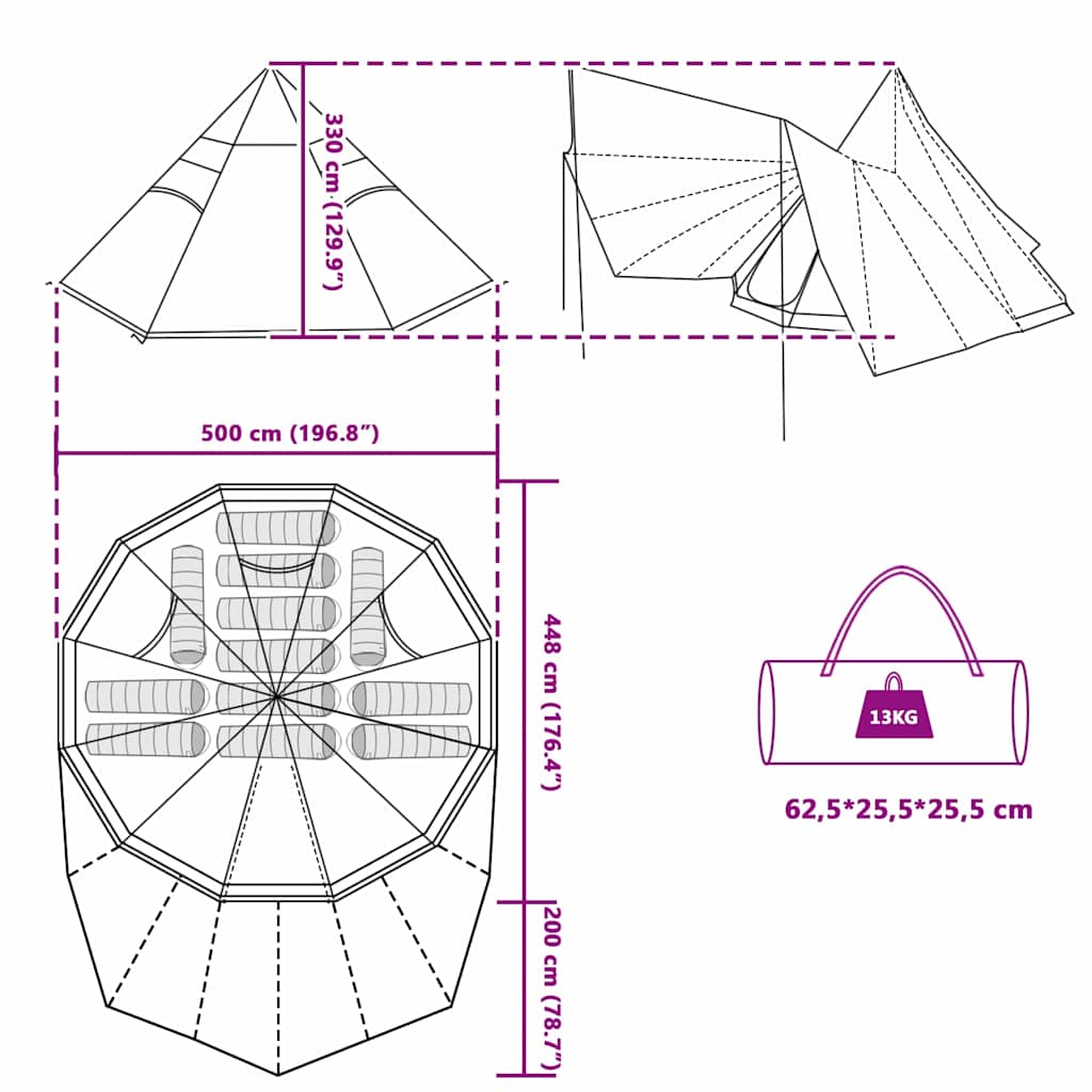 vidaXL Familien-Tipi-Zelt Tipi Blau und Grau 510 x 690 x 330 cm