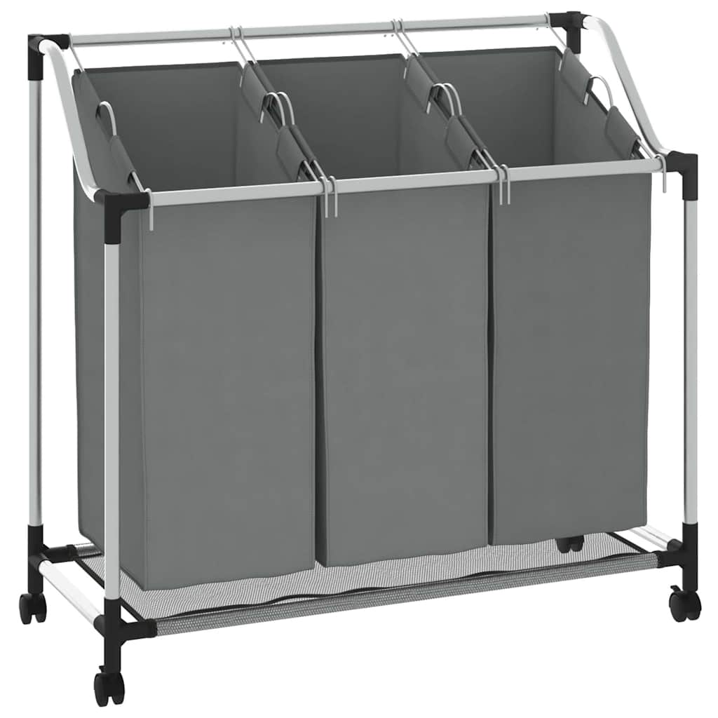 Wäschekorb mit Rollen 3 Fächer Grau