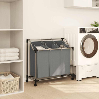 Wäschekorb mit Rollen 3 Fächer Grau