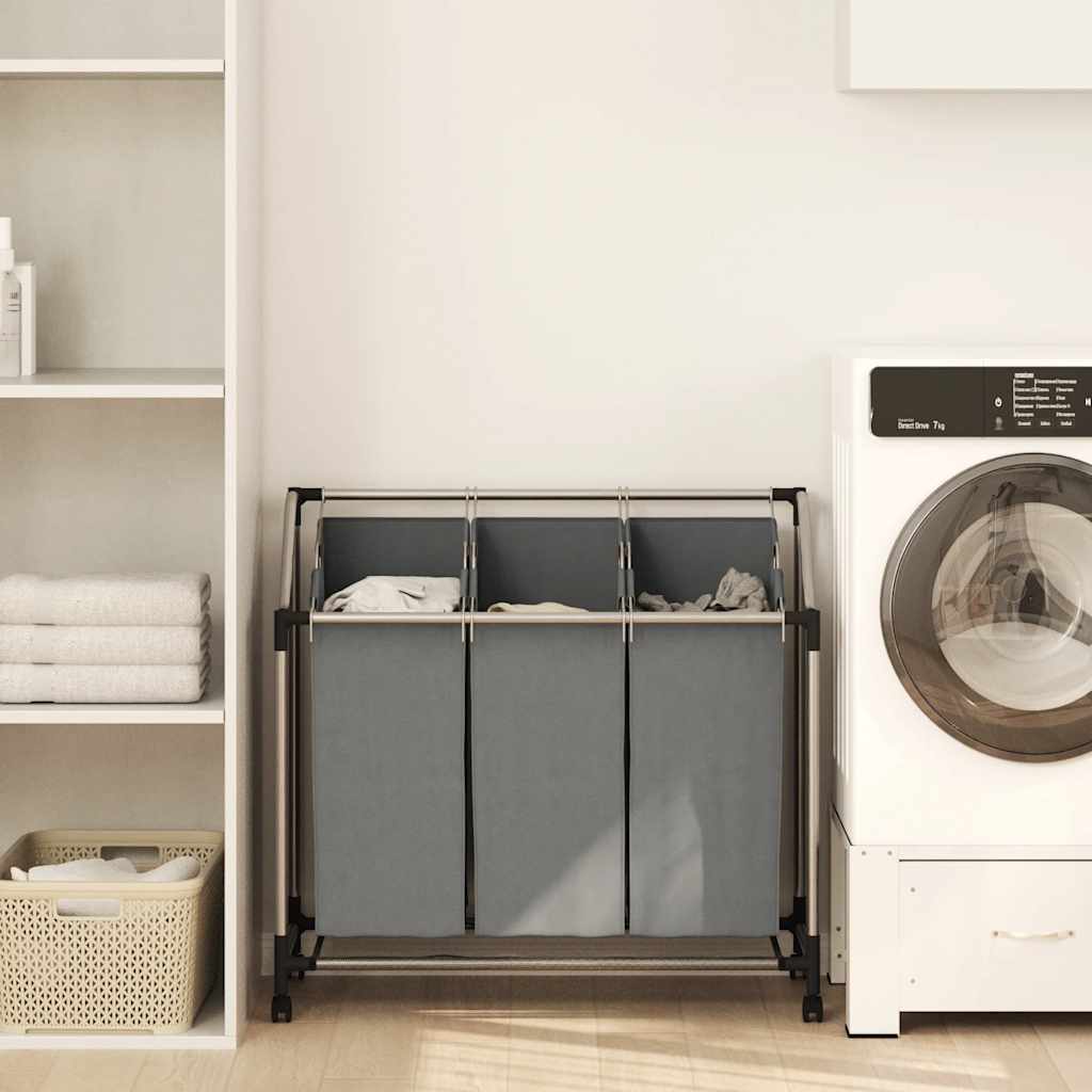 Wäschekorb mit Rollen 3 Fächer Grau