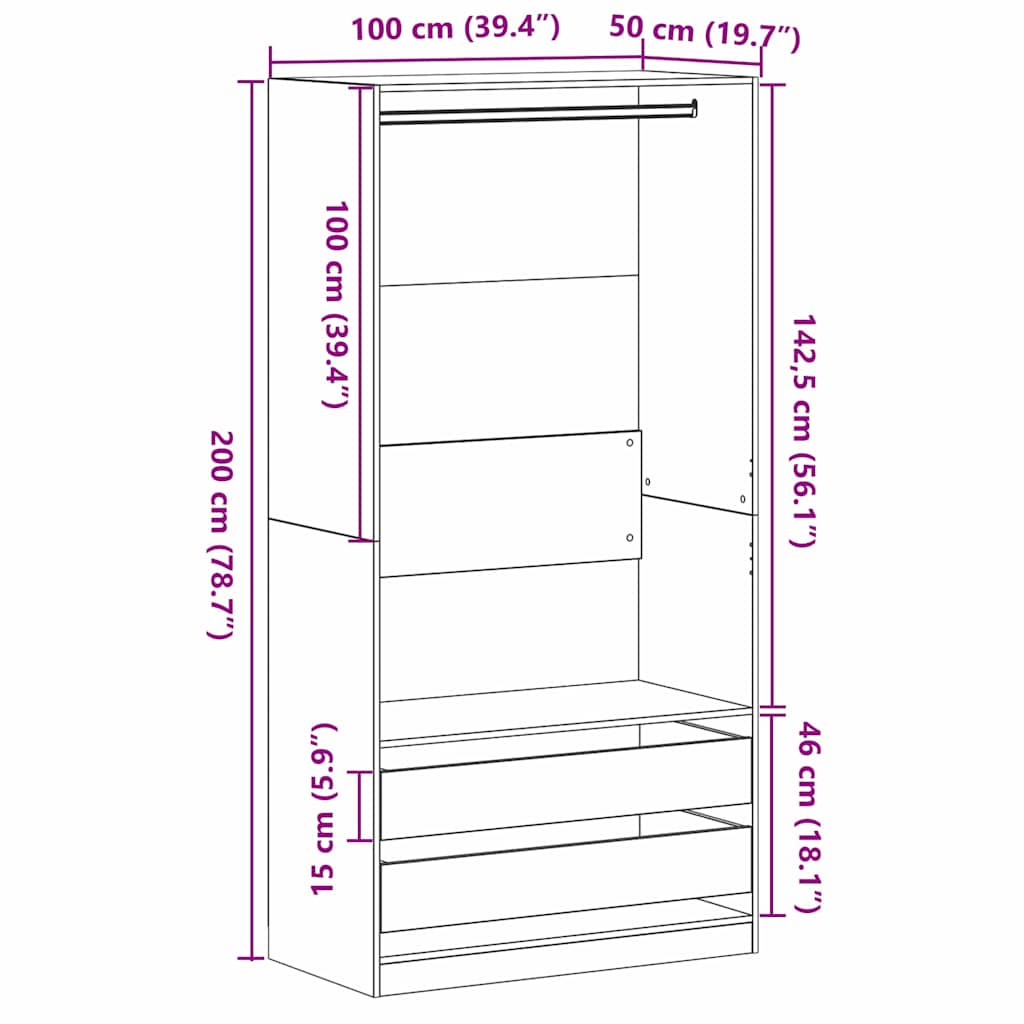 Kleiderschrank Schwarz Eichen-Optik 100 x 50 x 200 cm