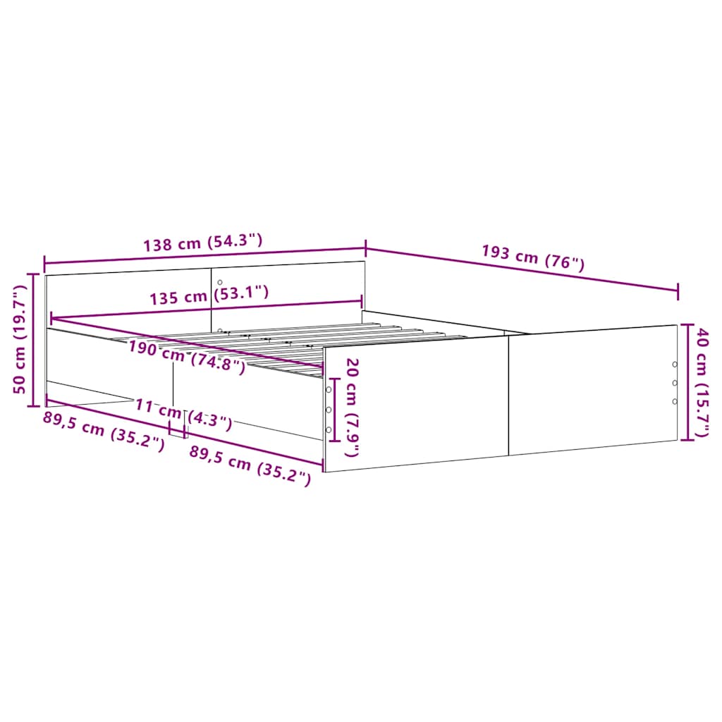 vidaXL Cadre de lit sans matelas Noir aspect chêne 135x190 cm