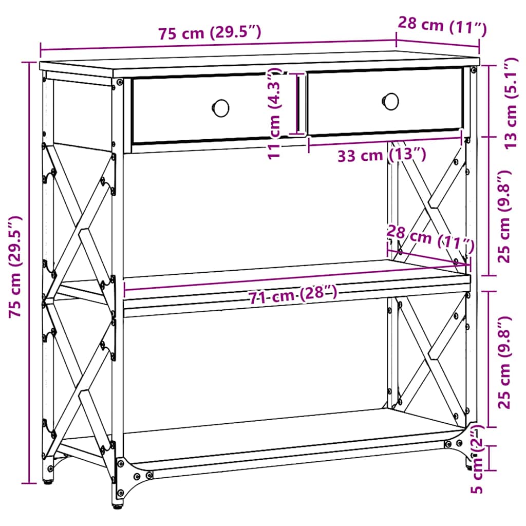 vidaXL Console de table avec tiroirs Chêne artisanal 75 x 28 x 75 cm
