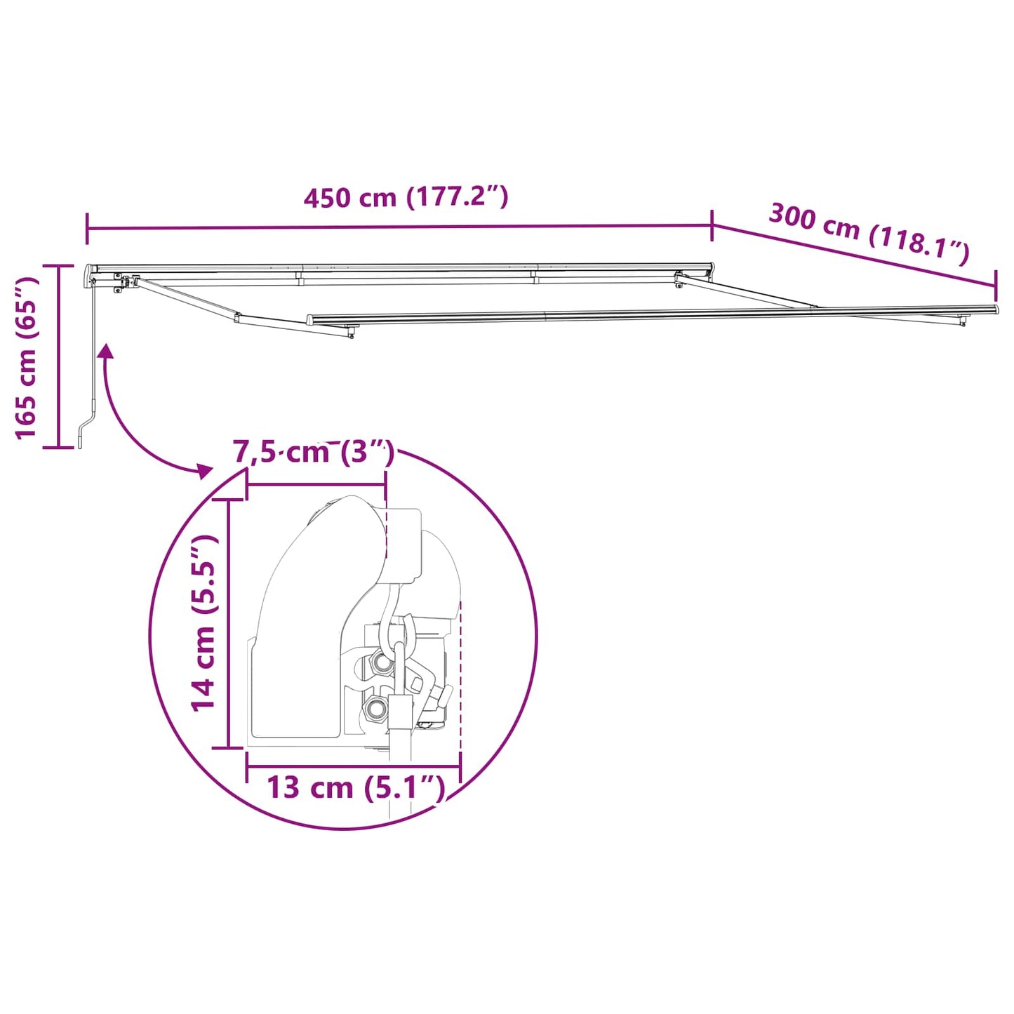 Markise Weiß 450 x 300 x 165 cm Polyester und Metall