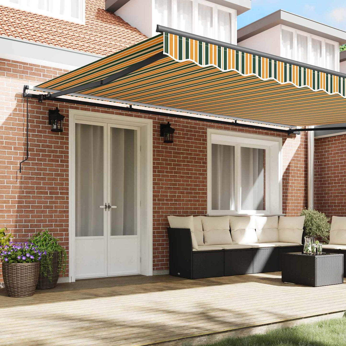 vidaXL Auvent rétractable en tissu vert et jaune 500 x 300 cm