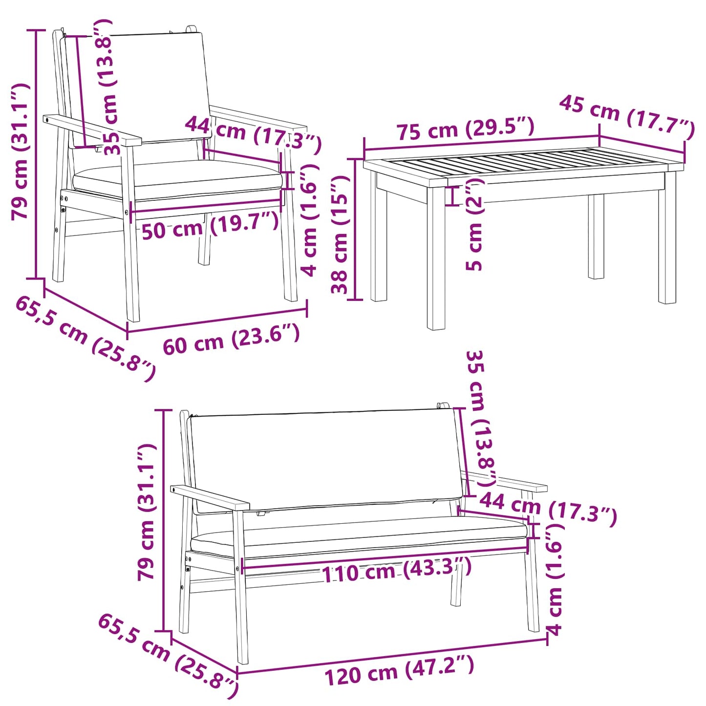 vidaXL Gartensofa-set 4 pcs Braun 120 x 65,5 x 79 cm Massivholz Akazie