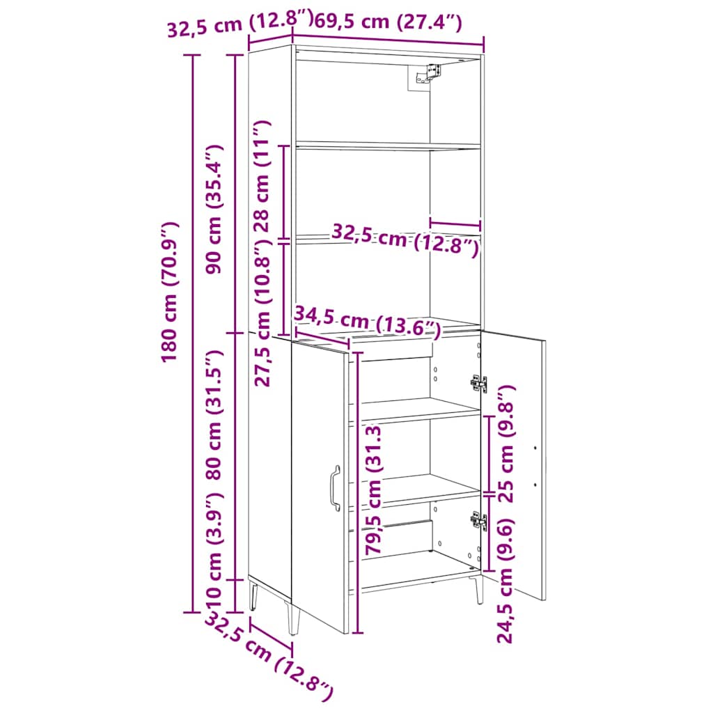 vidaXL Highboard Schwarz Eichen-Optik 69,5 x 32,5 x 180 cm