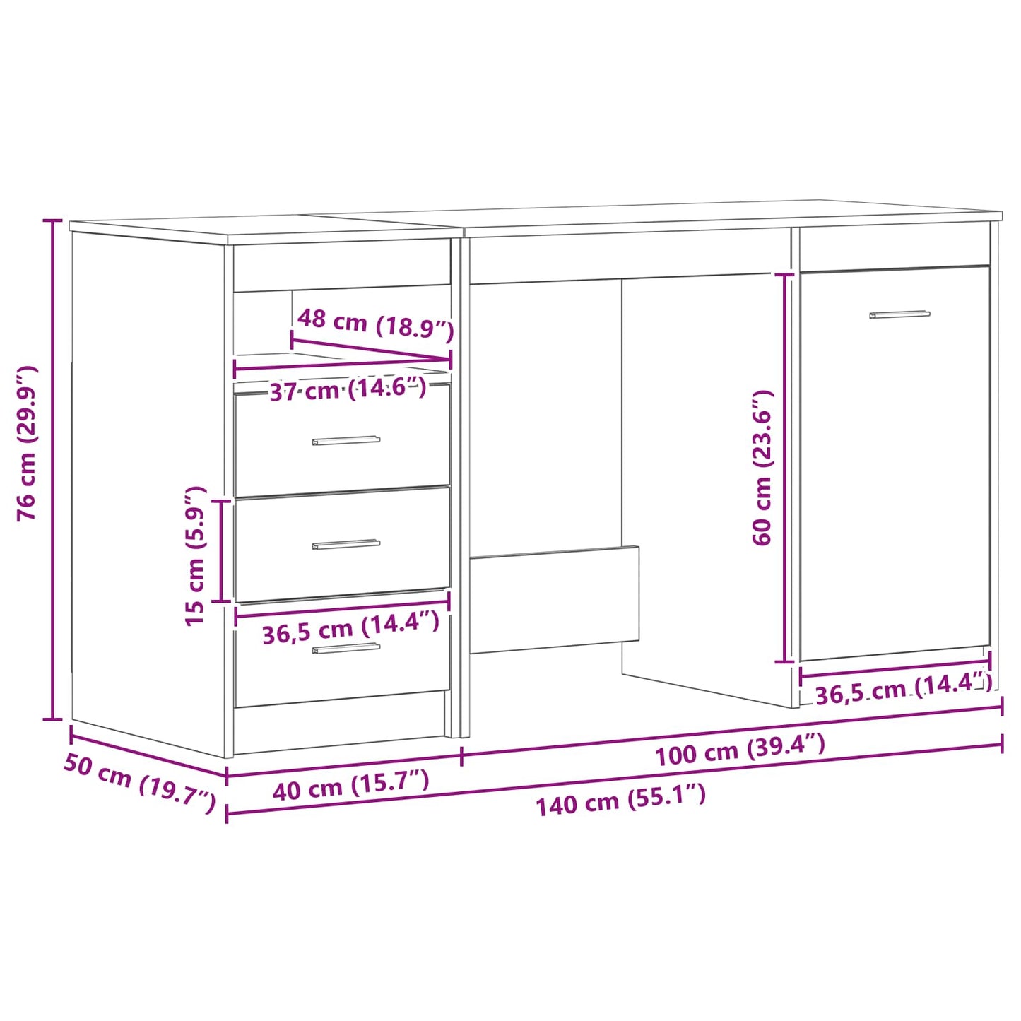 vidaXL Schreibtisch 2 pcs Schwarz Eichen-Optik 140 x 50 x 76 cm