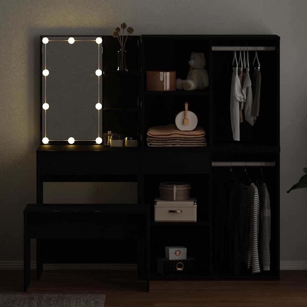 vidaXL Schminktischset mit LED mit Regal 4 pcs Schwarz Eichen-Optik