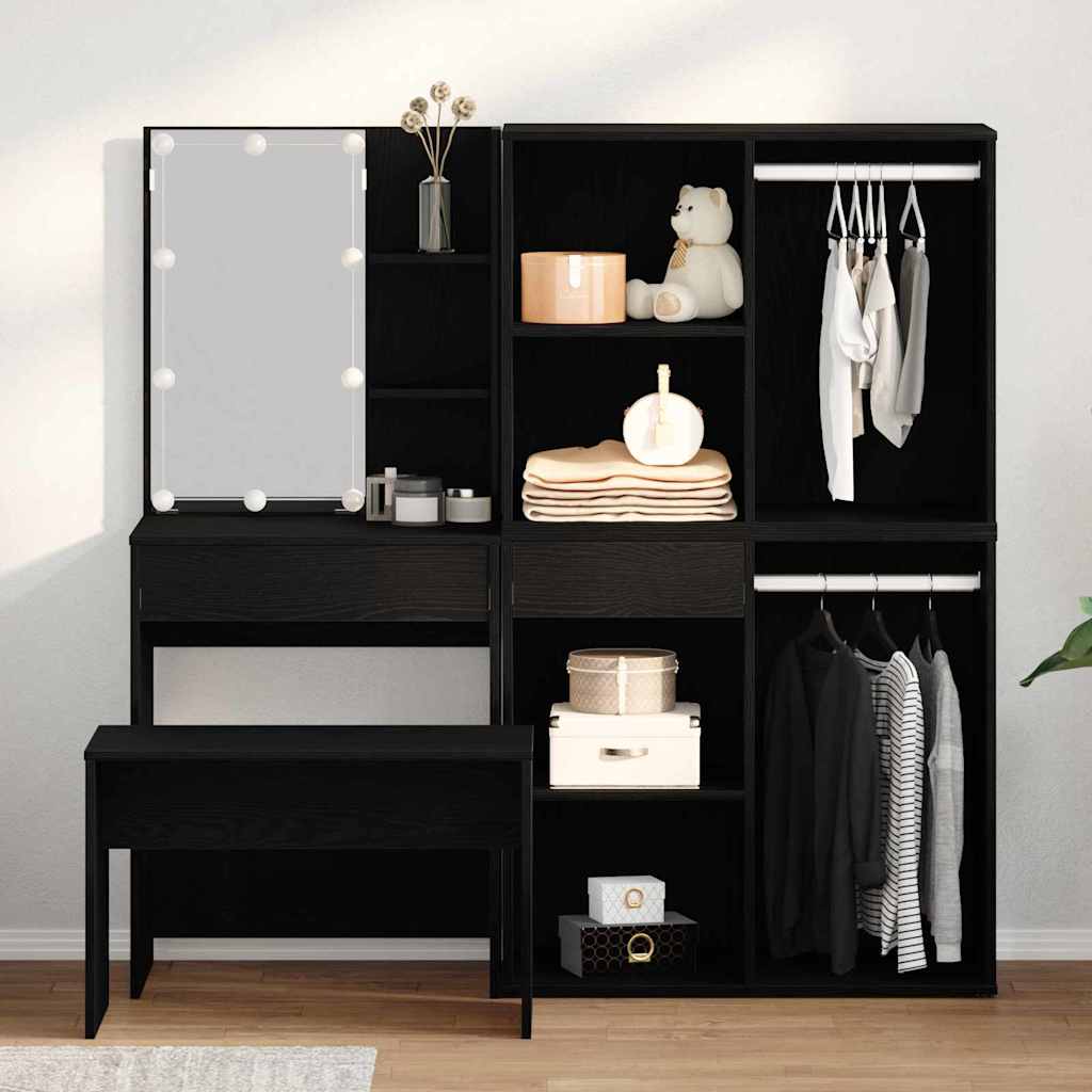 vidaXL Schminktischset mit LED mit Regal 4 pcs Schwarz Eichen-Optik