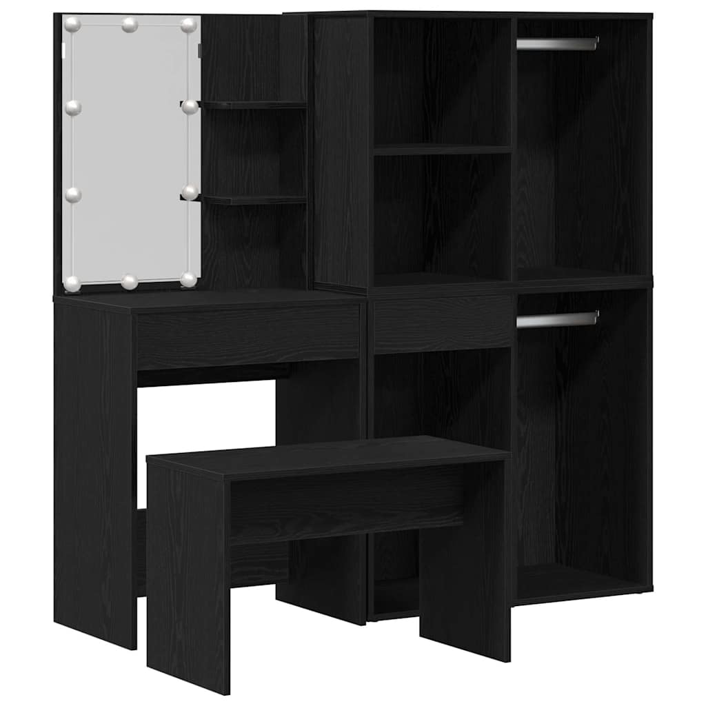 vidaXL Schminktischset mit LED mit Regal 4 pcs Schwarz Eichen-Optik