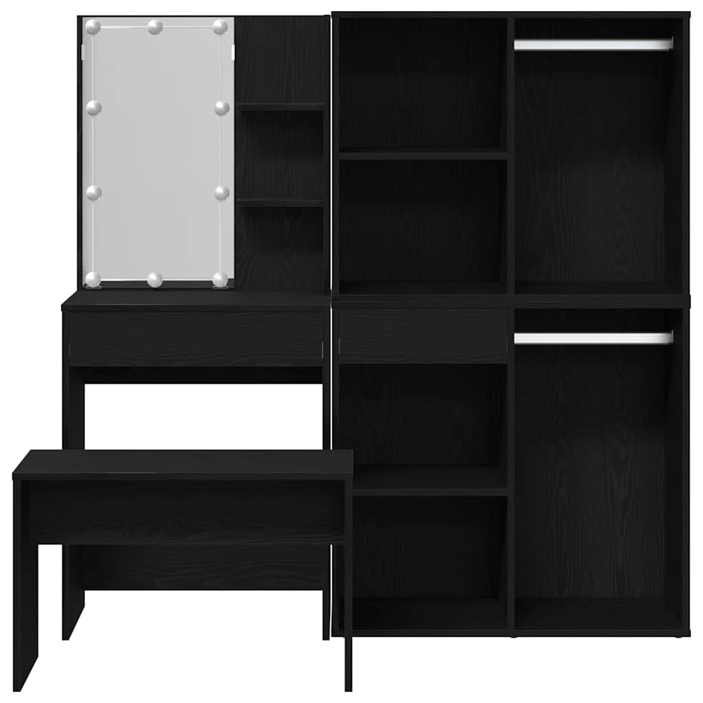 vidaXL Schminktischset mit LED mit Regal 4 pcs Schwarz Eichen-Optik