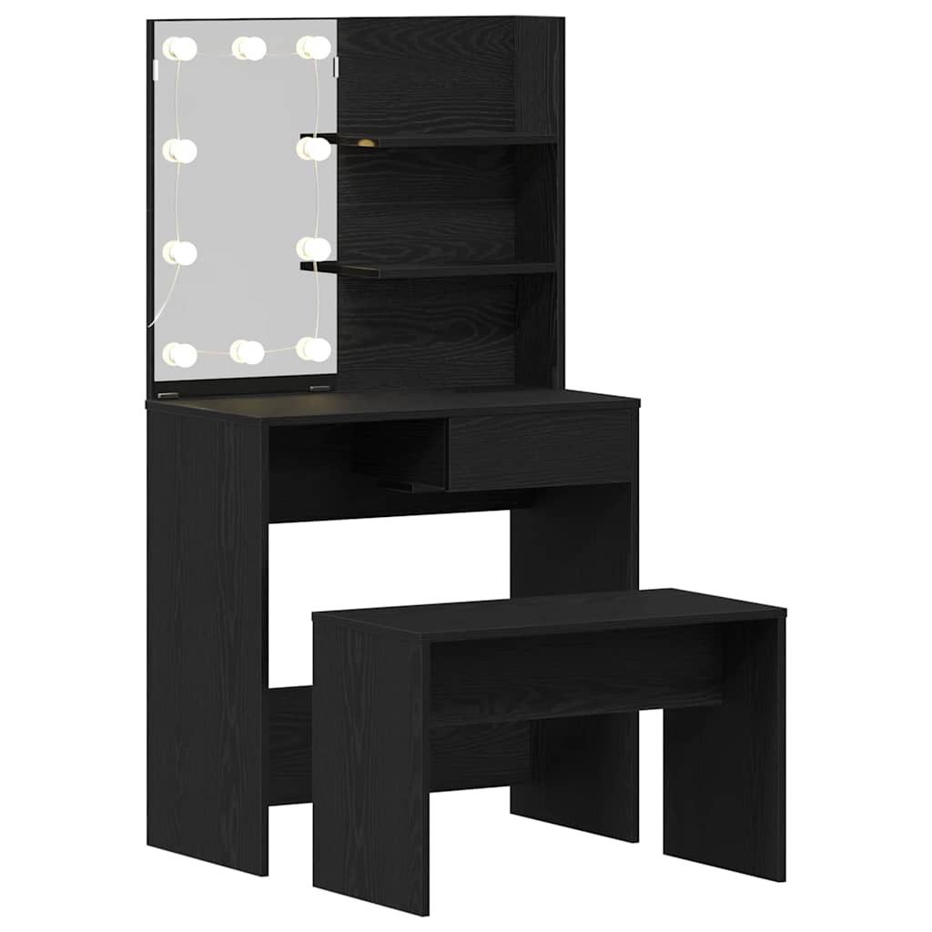 vidaXL LED Schminktisch Set 2 pcs Schwarz Eichen-Optik Holzwerkstoff