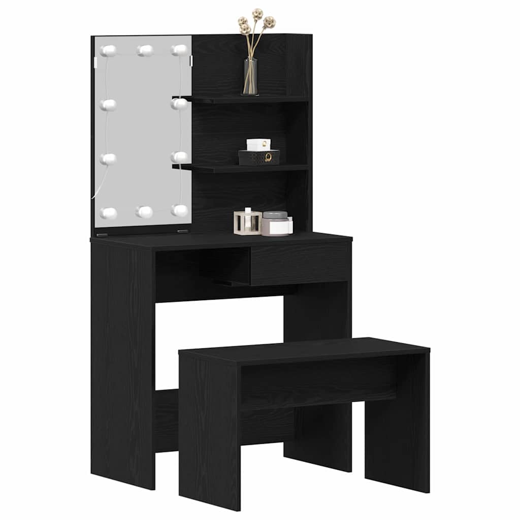 vidaXL LED Schminktisch Set 2 pcs Schwarz Eichen-Optik Holzwerkstoff
