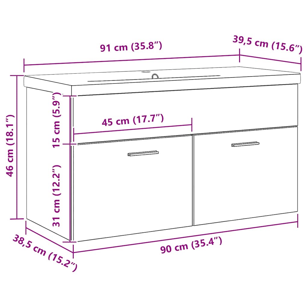 vidaXL Badezimmerschrank Schwarz Eichen-Optik 90 x 38,5 x 46 cm