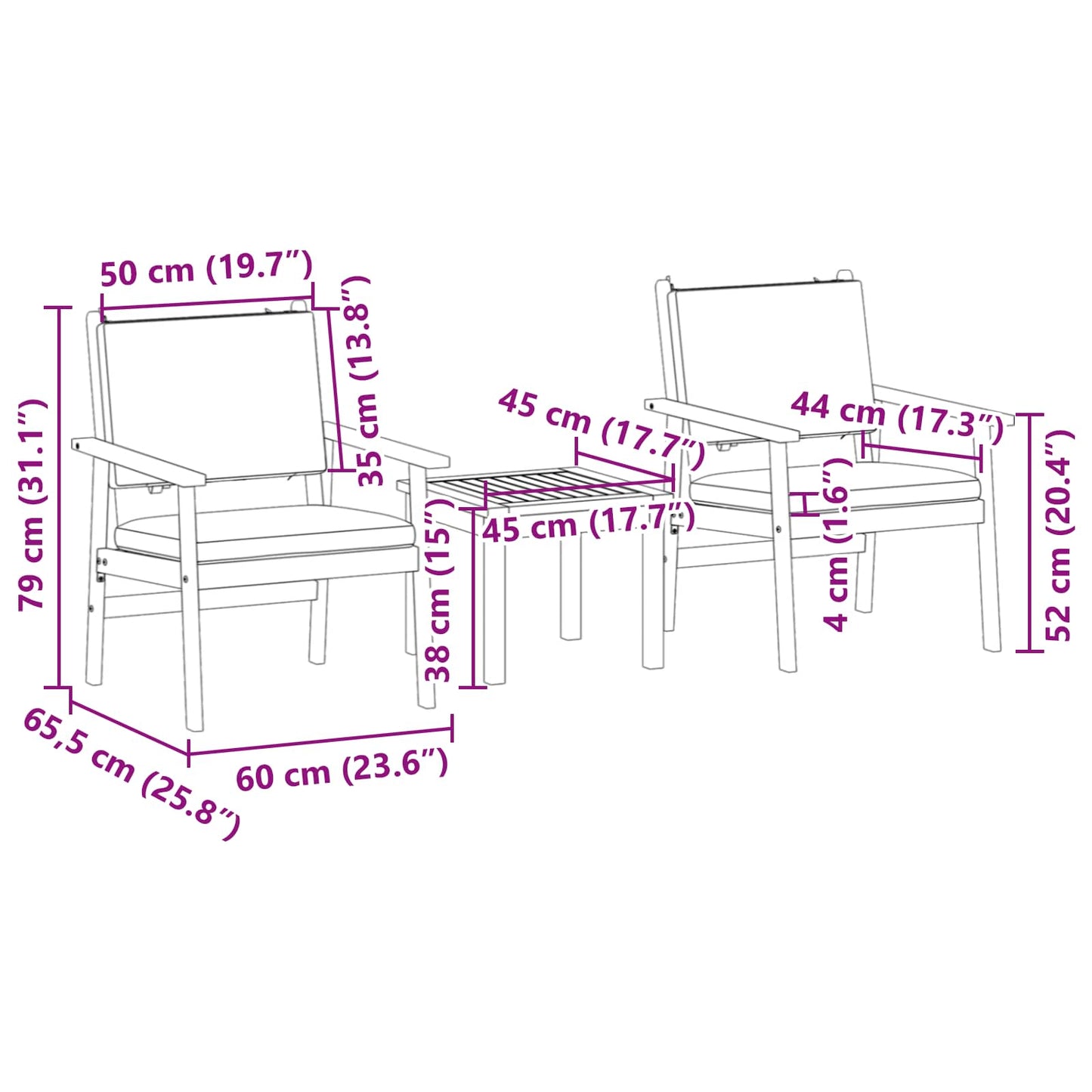 Gartensofa-set 3 pcs Cremeweiß Massivholz Akazie