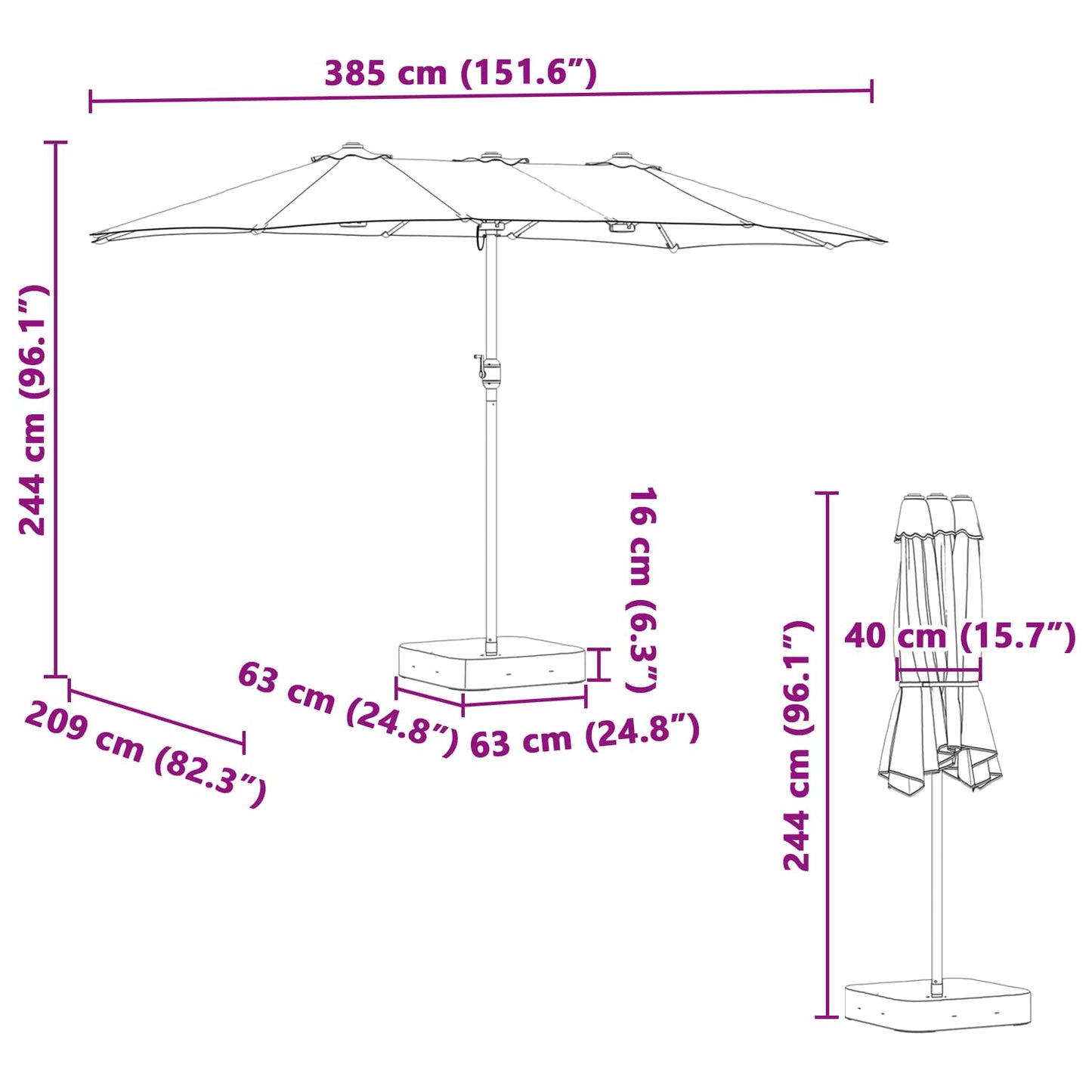 vidaXL Garten-Sonnenschirm Grün 385 x 209 x 244 cm Polyester