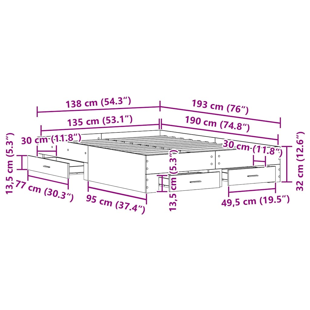 Bettrahmen Artisan-Eiche 135 x 190 cm Holzwerkstoff