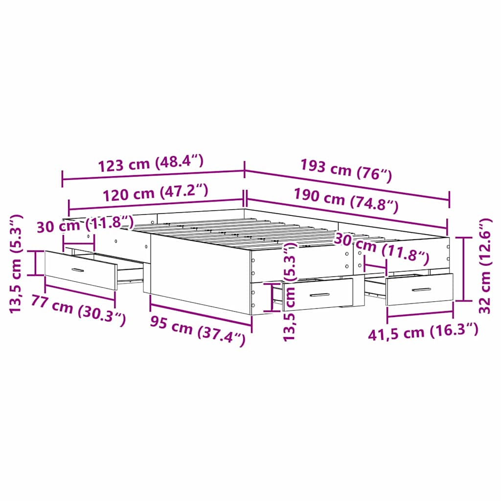 Bettrahmen mit Schubladen Altholz 120 x 190 cm Holzwerkstoff