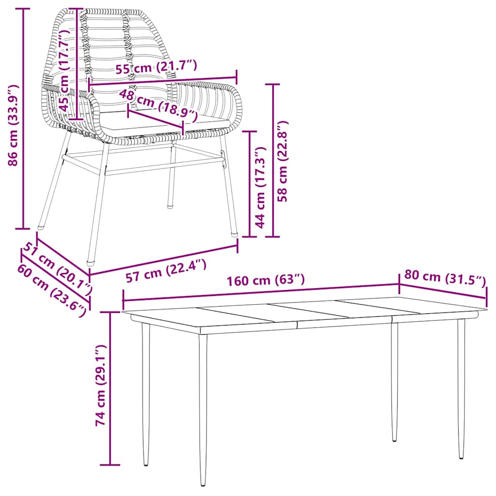 vidaXL 5-tlg. Garten-Essgruppe mit Kissen Braun Poly Rattan Glas