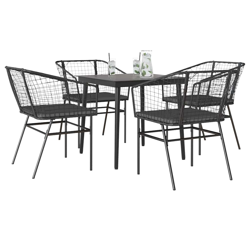 vidaXL 5-tlg. Garten-Essgruppe mit Kissen Schwarz Poly Rattan Glas