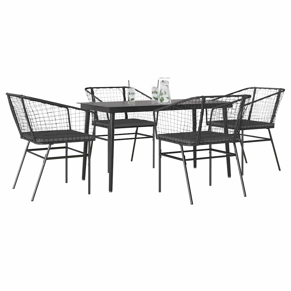 5-tlg. Garten-Essgruppe mit Kissen Schwarz Poly Rattan Glas