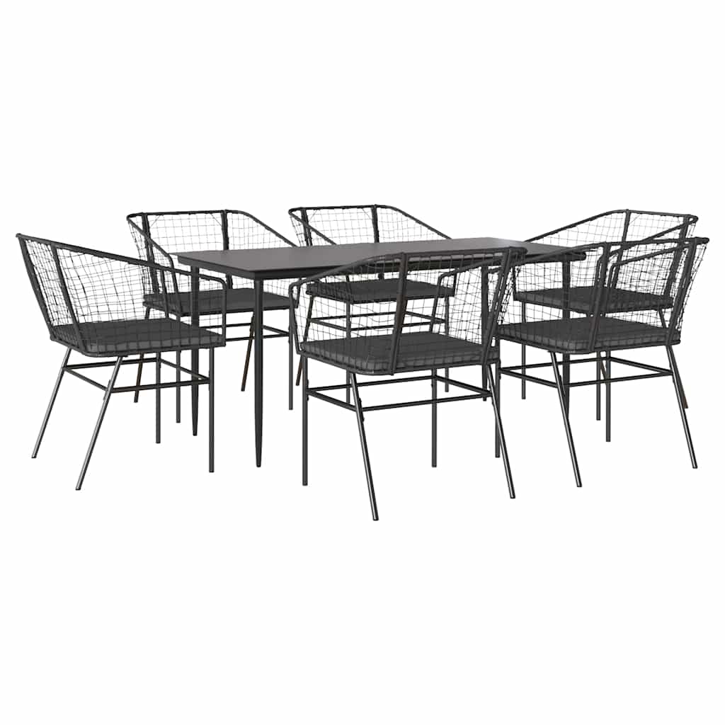 7-tlg. Garten-Essgruppe mit Kissen Schwarz Poly Rattan Glas
