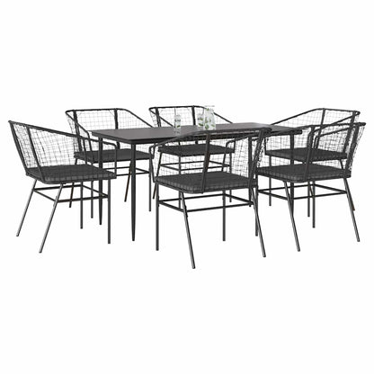 7-tlg. Garten-Essgruppe mit Kissen Schwarz Poly Rattan Glas