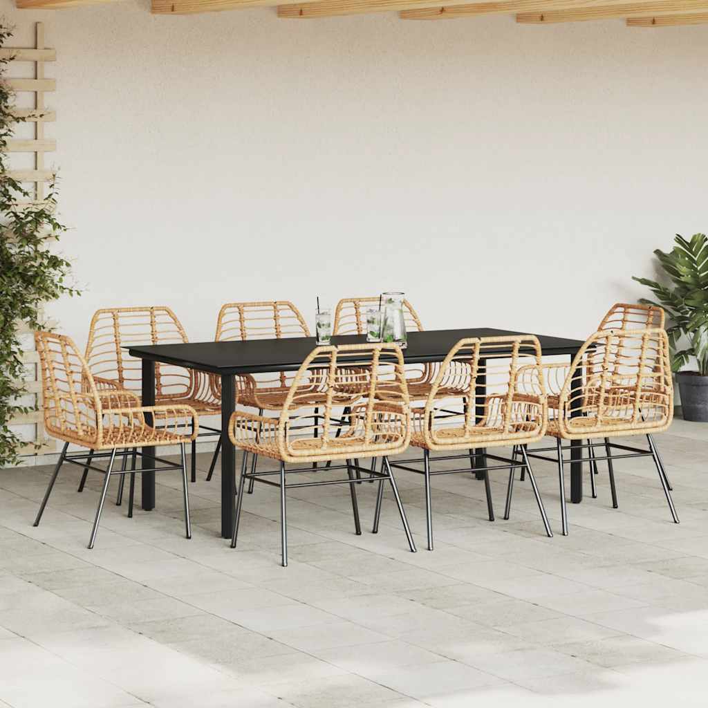 vidaXL Salon de jardin à dîner 9 pcs Résine tressée Marron Verre