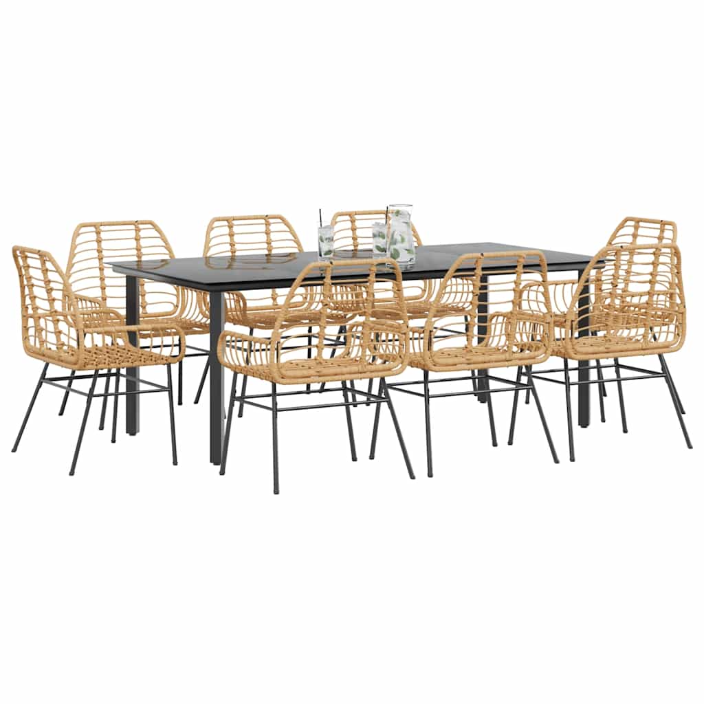 vidaXL Salon de jardin à dîner 9 pcs Résine tressée Marron Verre