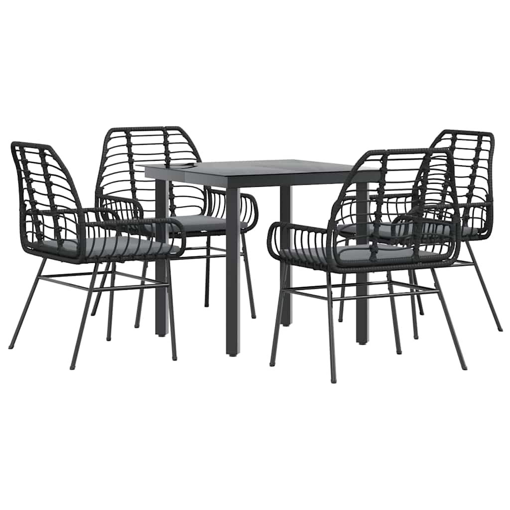 vidaXL 5-tlg. Garten-Essgruppe mit Kissen Schwarz Poly Rattan Glas