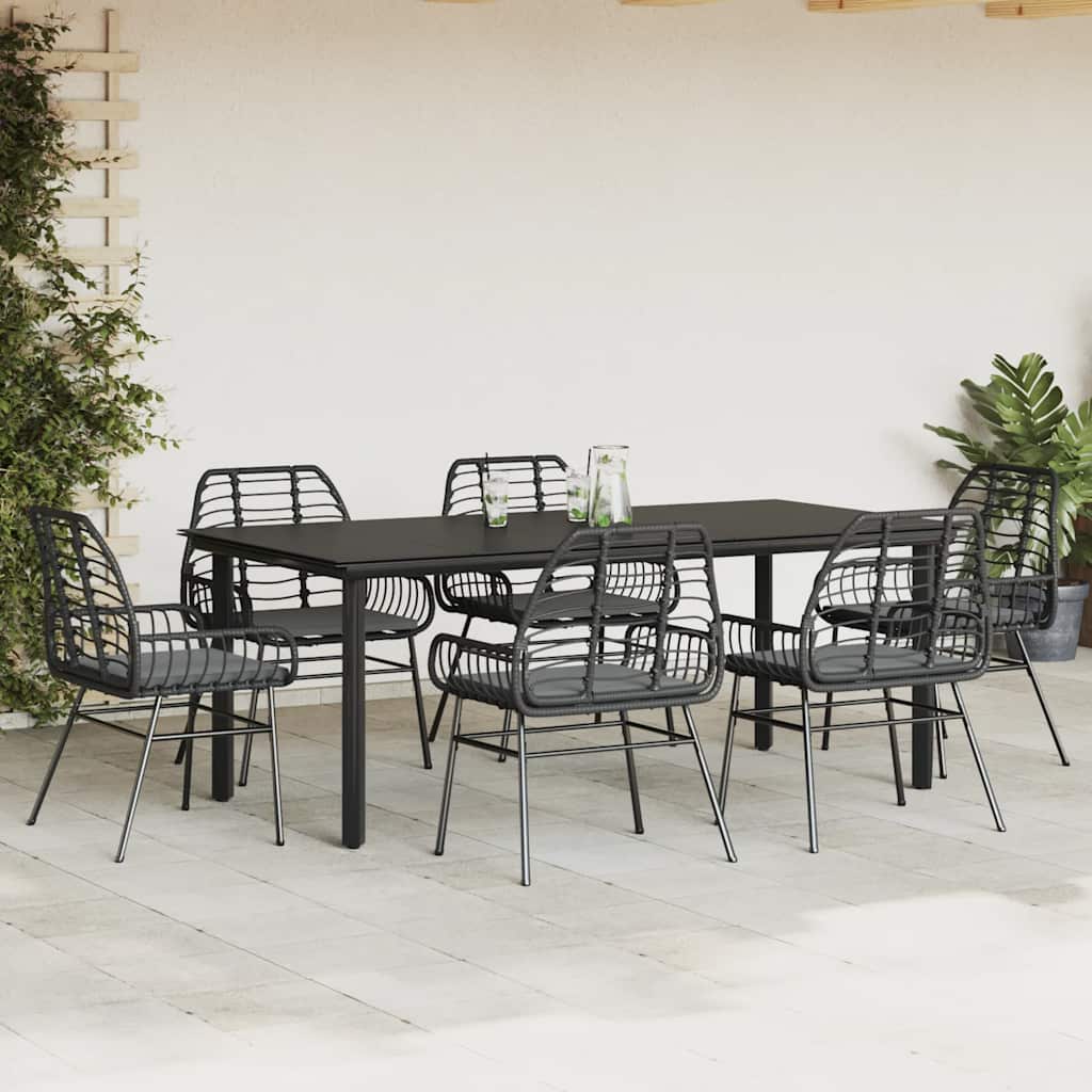 7-tlg. Garten-Essgruppe mit Kissen Schwarz Poly Rattan Glas