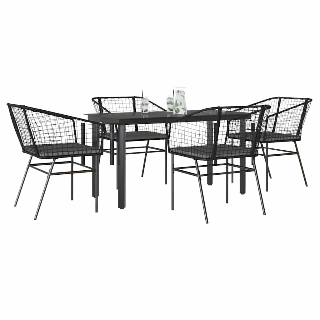 vidaXL 5-tlg. Garten-Essgruppe mit Kissen Schwarz Poly Rattan Glas